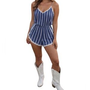 Abercrombie & Fitch Striped Strappy Lace Trimmed Romper Small Blue White